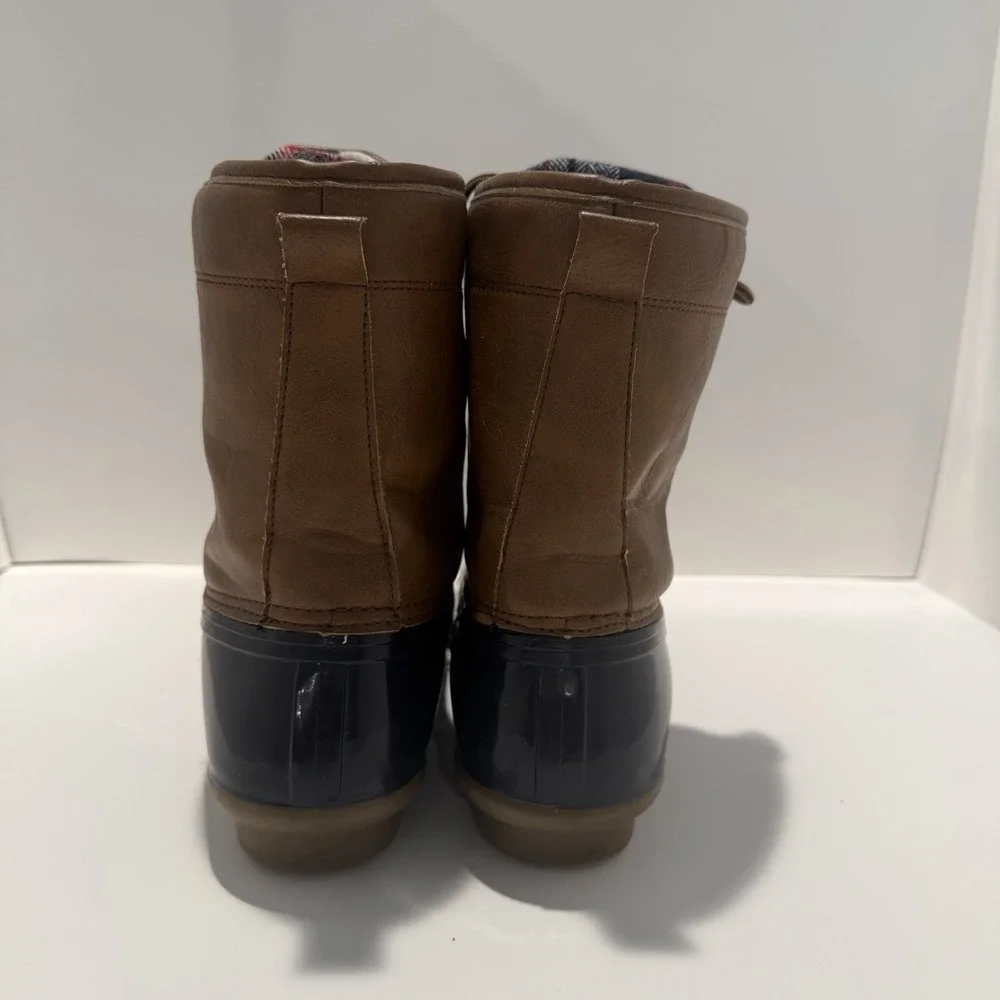 Charles Albert Duck Boots Vegan Leather Women's Size 9 Gardening Rain Tan / Navy